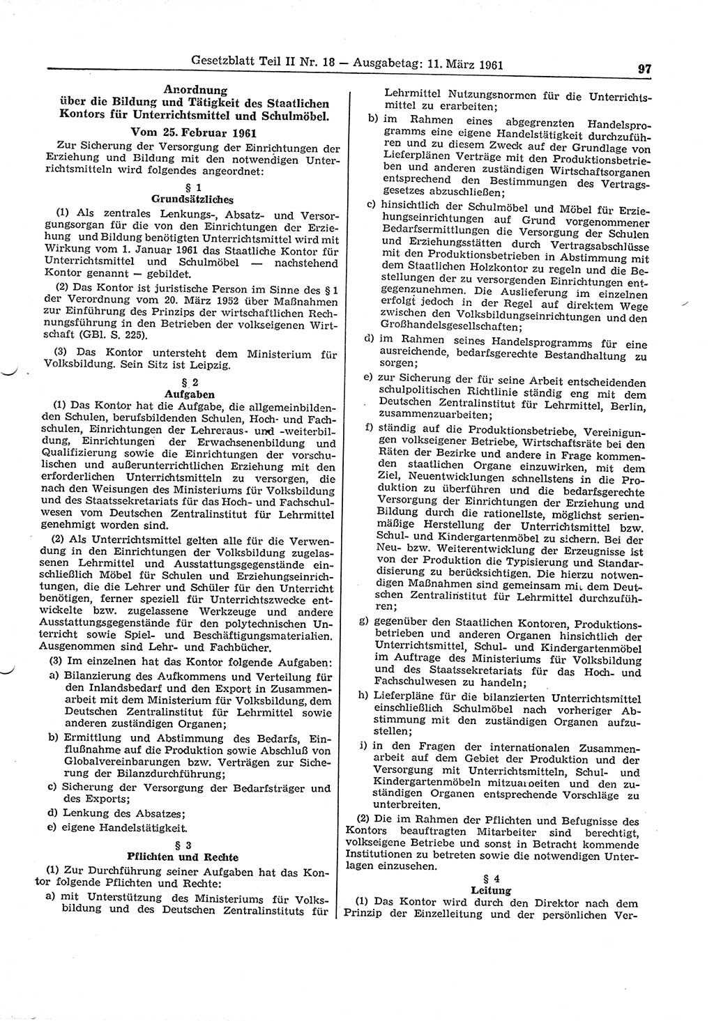 Gesetzblatt (GBl.) der Deutschen Demokratischen Republik (DDR) Teil ⅠⅠ 1961, Seite 97 (GBl. DDR ⅠⅠ 1961, S. 97)