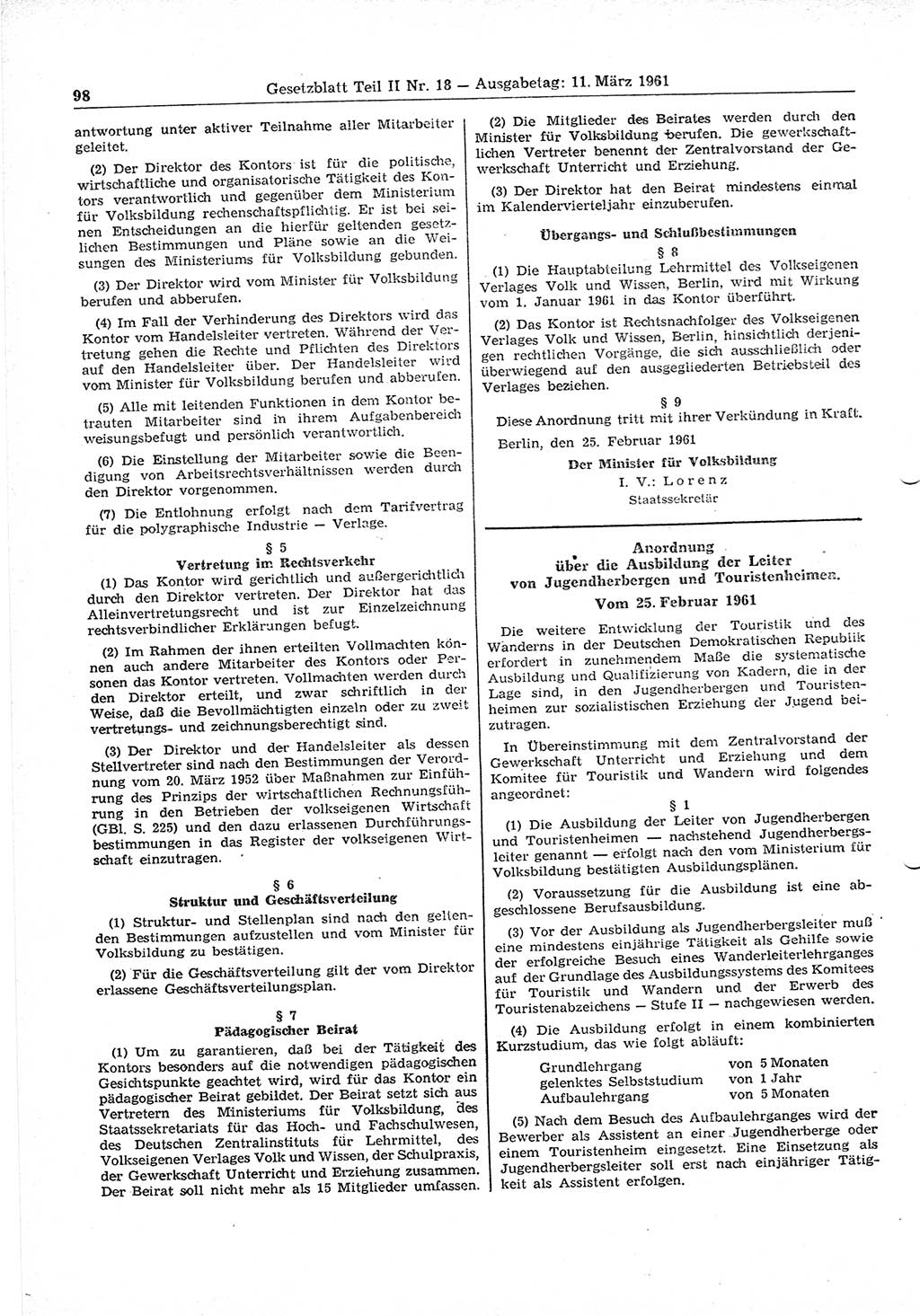 Gesetzblatt (GBl.) der Deutschen Demokratischen Republik (DDR) Teil ⅠⅠ 1961, Seite 98 (GBl. DDR ⅠⅠ 1961, S. 98)