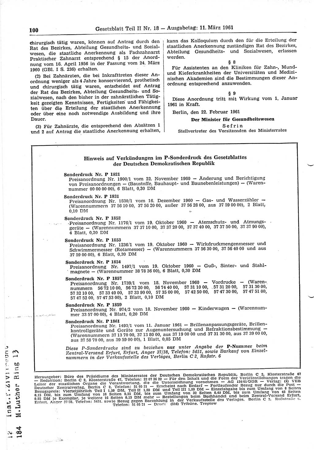 Gesetzblatt (GBl.) der Deutschen Demokratischen Republik (DDR) Teil ⅠⅠ 1961, Seite 100 (GBl. DDR ⅠⅠ 1961, S. 100)