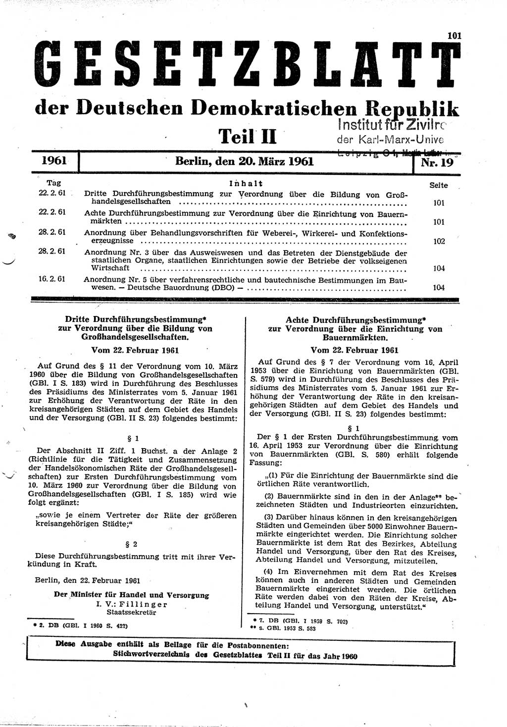 Gesetzblatt (GBl.) der Deutschen Demokratischen Republik (DDR) Teil ⅠⅠ 1961, Seite 101 (GBl. DDR ⅠⅠ 1961, S. 101)