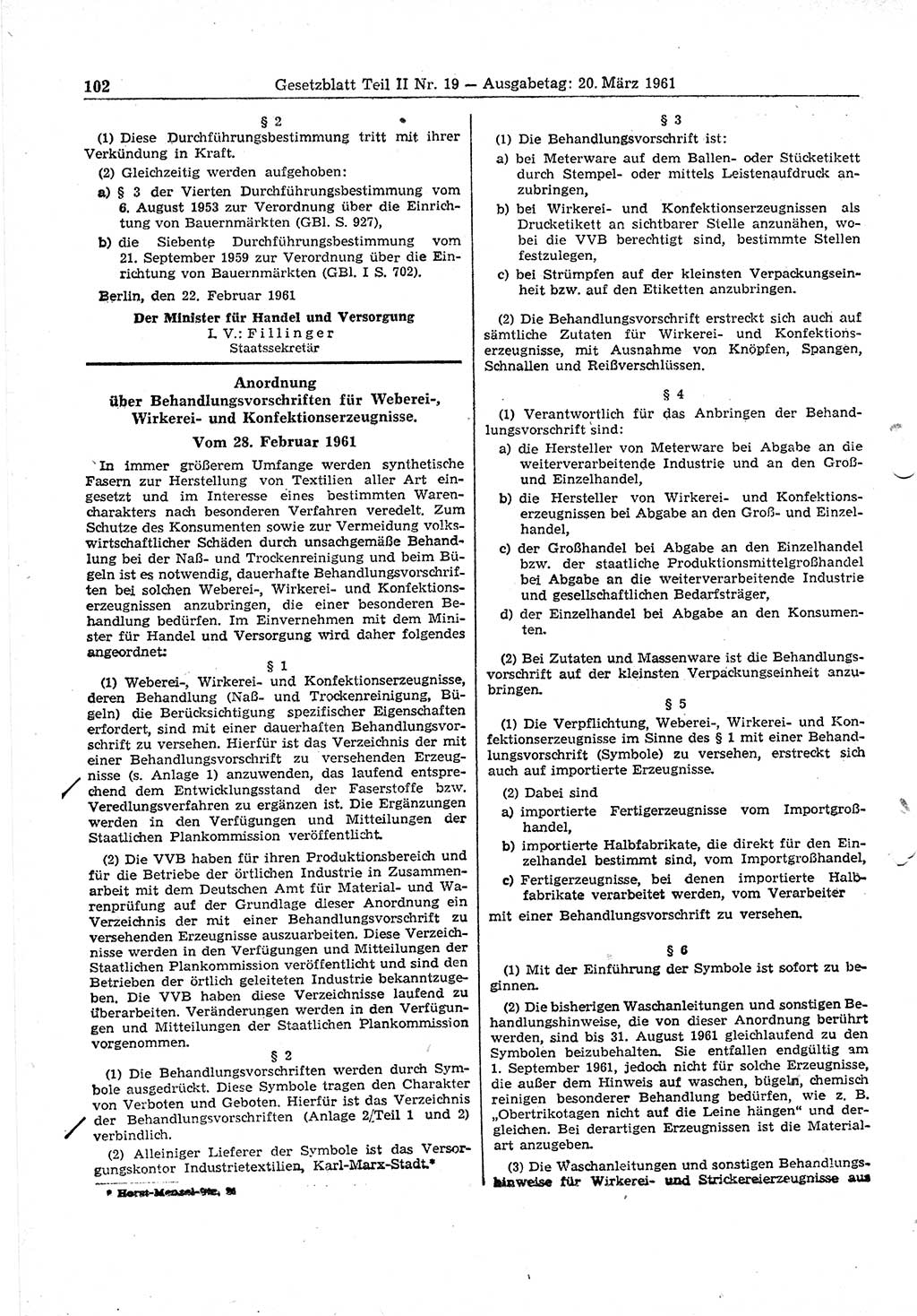 Gesetzblatt (GBl.) der Deutschen Demokratischen Republik (DDR) Teil ⅠⅠ 1961, Seite 102 (GBl. DDR ⅠⅠ 1961, S. 102)