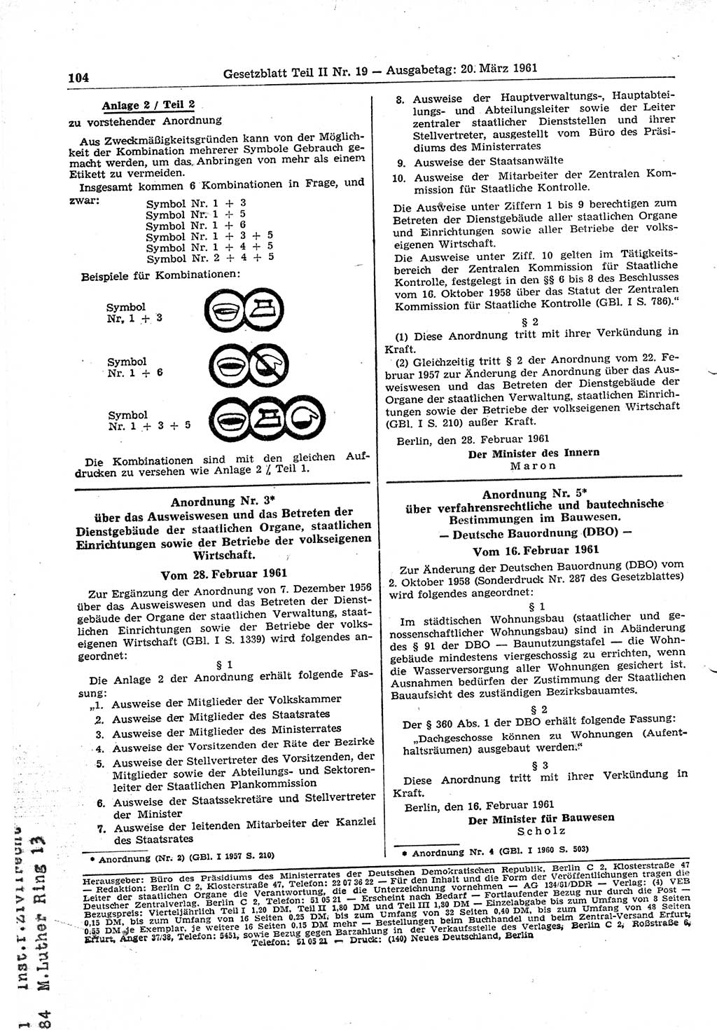 Gesetzblatt (GBl.) der Deutschen Demokratischen Republik (DDR) Teil ⅠⅠ 1961, Seite 104 (GBl. DDR ⅠⅠ 1961, S. 104)