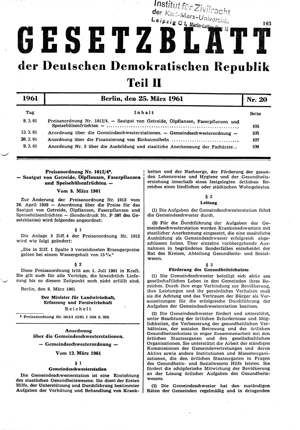 Gesetzblatt (GBl.) der Deutschen Demokratischen Republik (DDR) Teil ⅠⅠ 1961, Seite 105 (GBl. DDR ⅠⅠ 1961, S. 105)