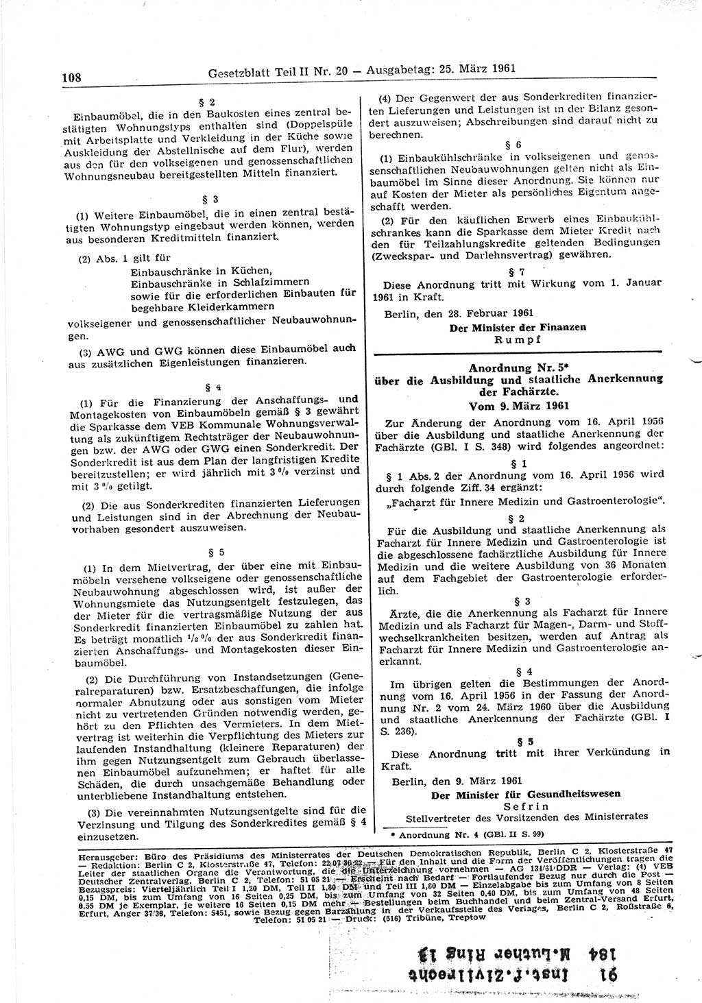 Gesetzblatt (GBl.) der Deutschen Demokratischen Republik (DDR) Teil ⅠⅠ 1961, Seite 108 (GBl. DDR ⅠⅠ 1961, S. 108)