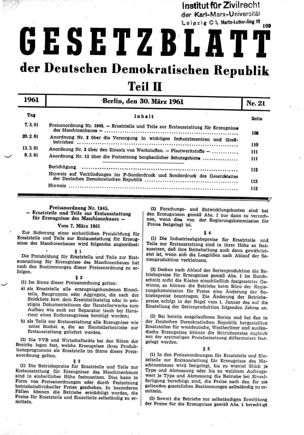 Gesetzblatt (GBl.) der Deutschen Demokratischen Republik (DDR) Teil ⅠⅠ 1961, Seite 109 (GBl. DDR ⅠⅠ 1961, S. 109)