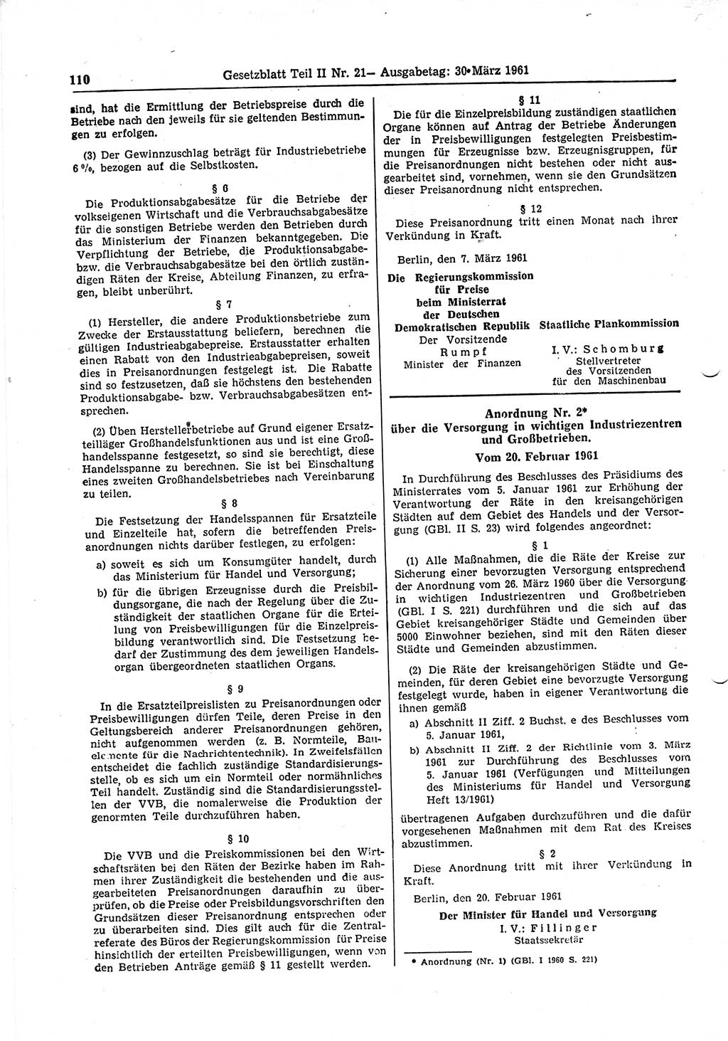 Gesetzblatt (GBl.) der Deutschen Demokratischen Republik (DDR) Teil ⅠⅠ 1961, Seite 110 (GBl. DDR ⅠⅠ 1961, S. 110)