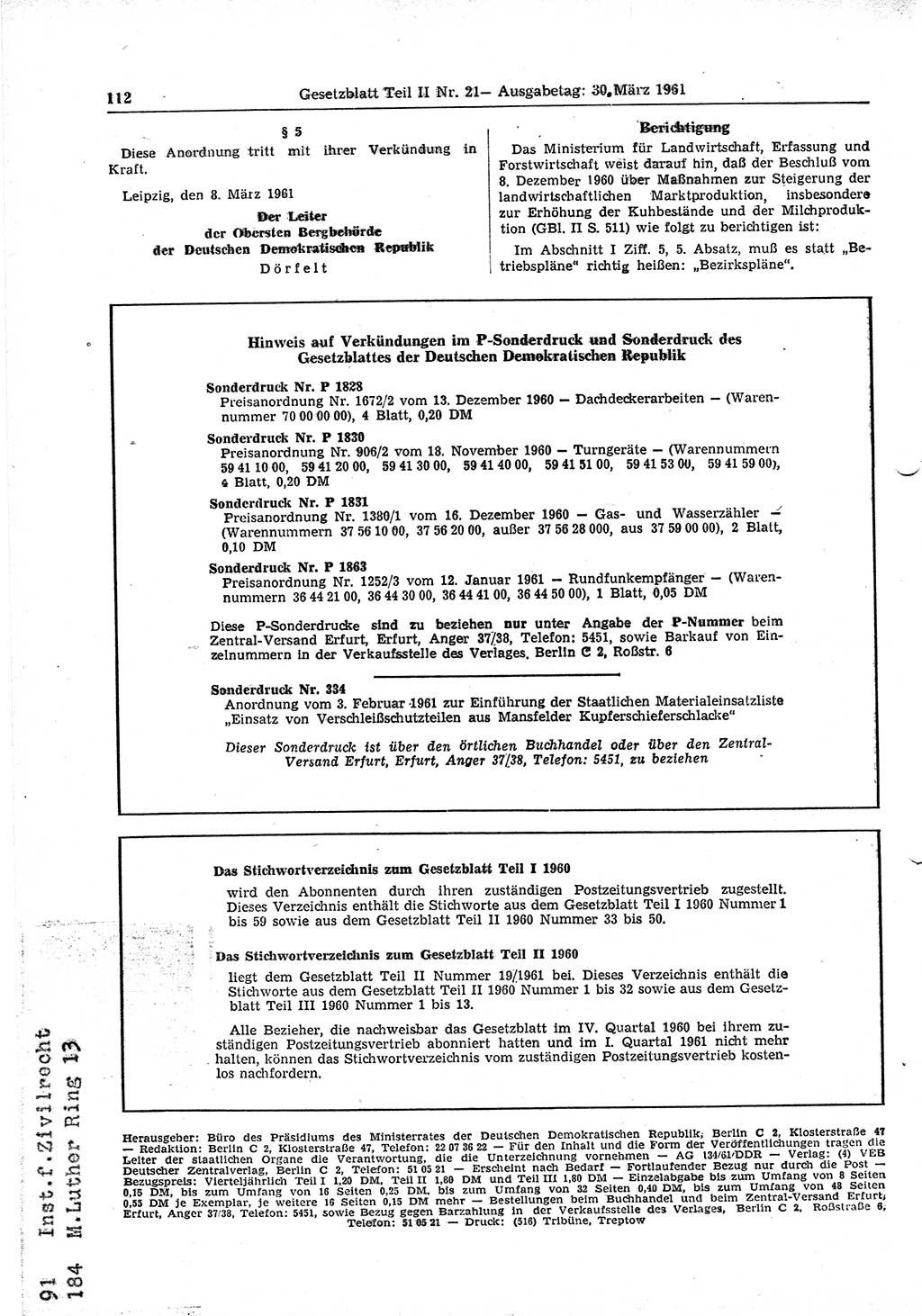 Gesetzblatt (GBl.) der Deutschen Demokratischen Republik (DDR) Teil ⅠⅠ 1961, Seite 112 (GBl. DDR ⅠⅠ 1961, S. 112)
