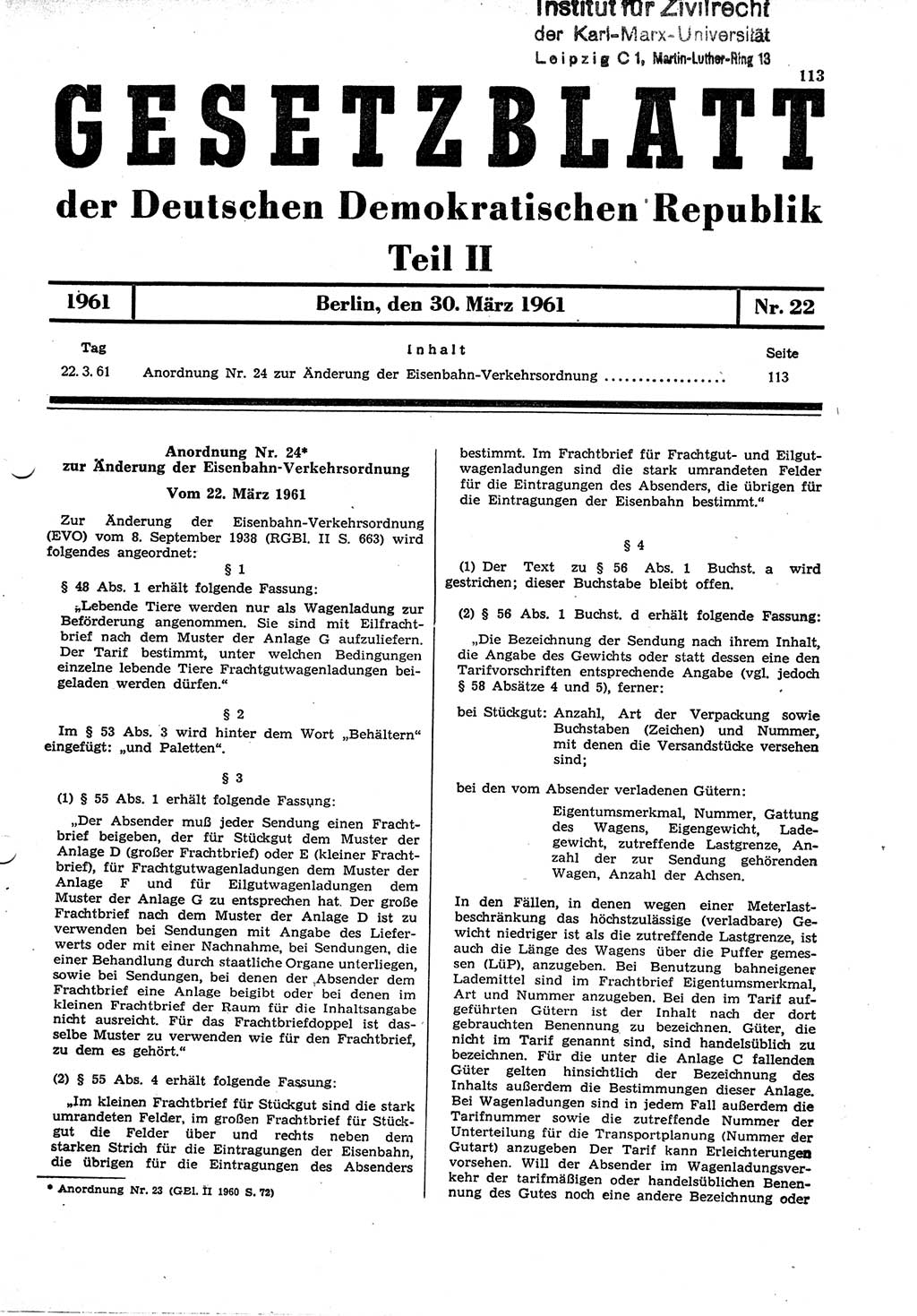 Gesetzblatt (GBl.) der Deutschen Demokratischen Republik (DDR) Teil ⅠⅠ 1961, Seite 113 (GBl. DDR ⅠⅠ 1961, S. 113)