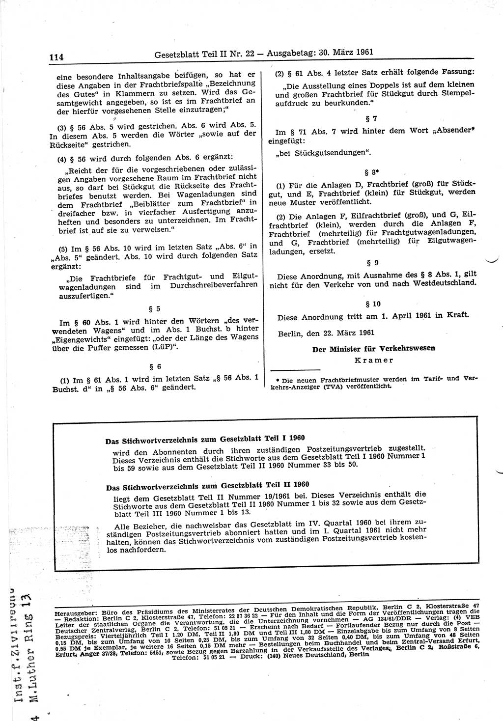 Gesetzblatt (GBl.) der Deutschen Demokratischen Republik (DDR) Teil ⅠⅠ 1961, Seite 114 (GBl. DDR ⅠⅠ 1961, S. 114)