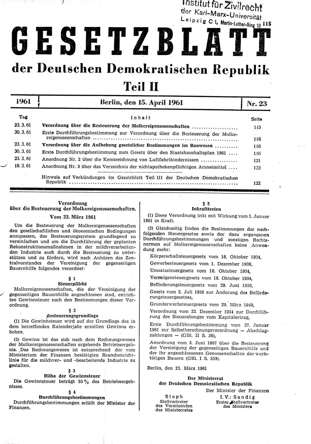 Gesetzblatt (GBl.) der Deutschen Demokratischen Republik (DDR) Teil ⅠⅠ 1961, Seite 115 (GBl. DDR ⅠⅠ 1961, S. 115)