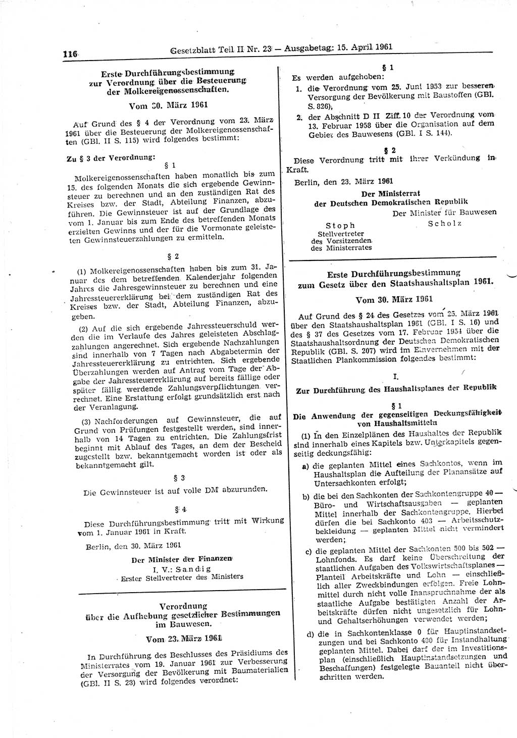 Gesetzblatt (GBl.) der Deutschen Demokratischen Republik (DDR) Teil ⅠⅠ 1961, Seite 116 (GBl. DDR ⅠⅠ 1961, S. 116)