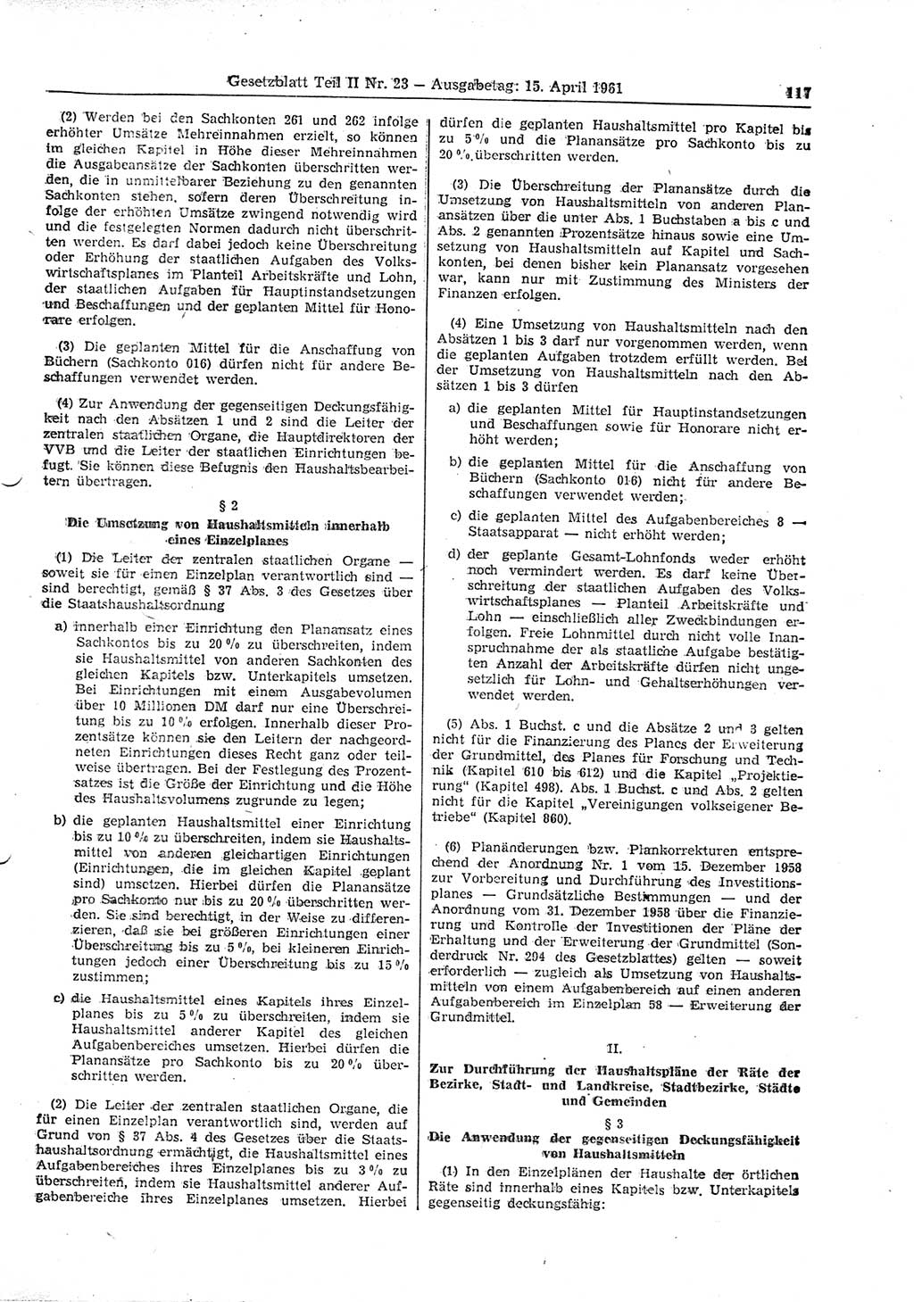Gesetzblatt (GBl.) der Deutschen Demokratischen Republik (DDR) Teil ⅠⅠ 1961, Seite 117 (GBl. DDR ⅠⅠ 1961, S. 117)