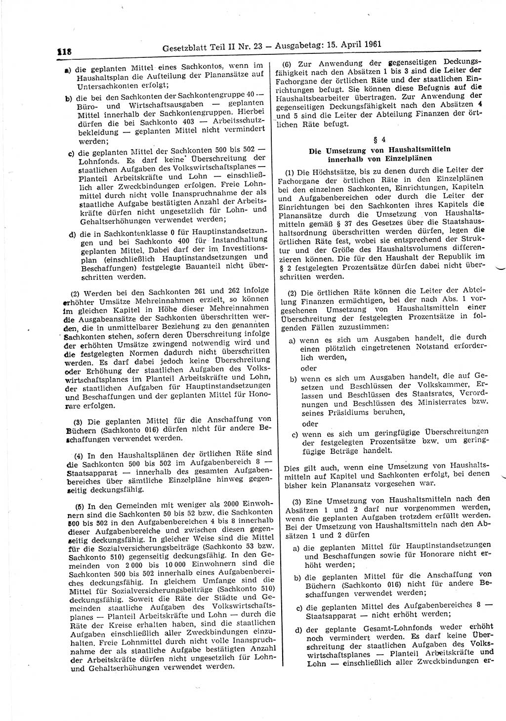 Gesetzblatt (GBl.) der Deutschen Demokratischen Republik (DDR) Teil ⅠⅠ 1961, Seite 118 (GBl. DDR ⅠⅠ 1961, S. 118)