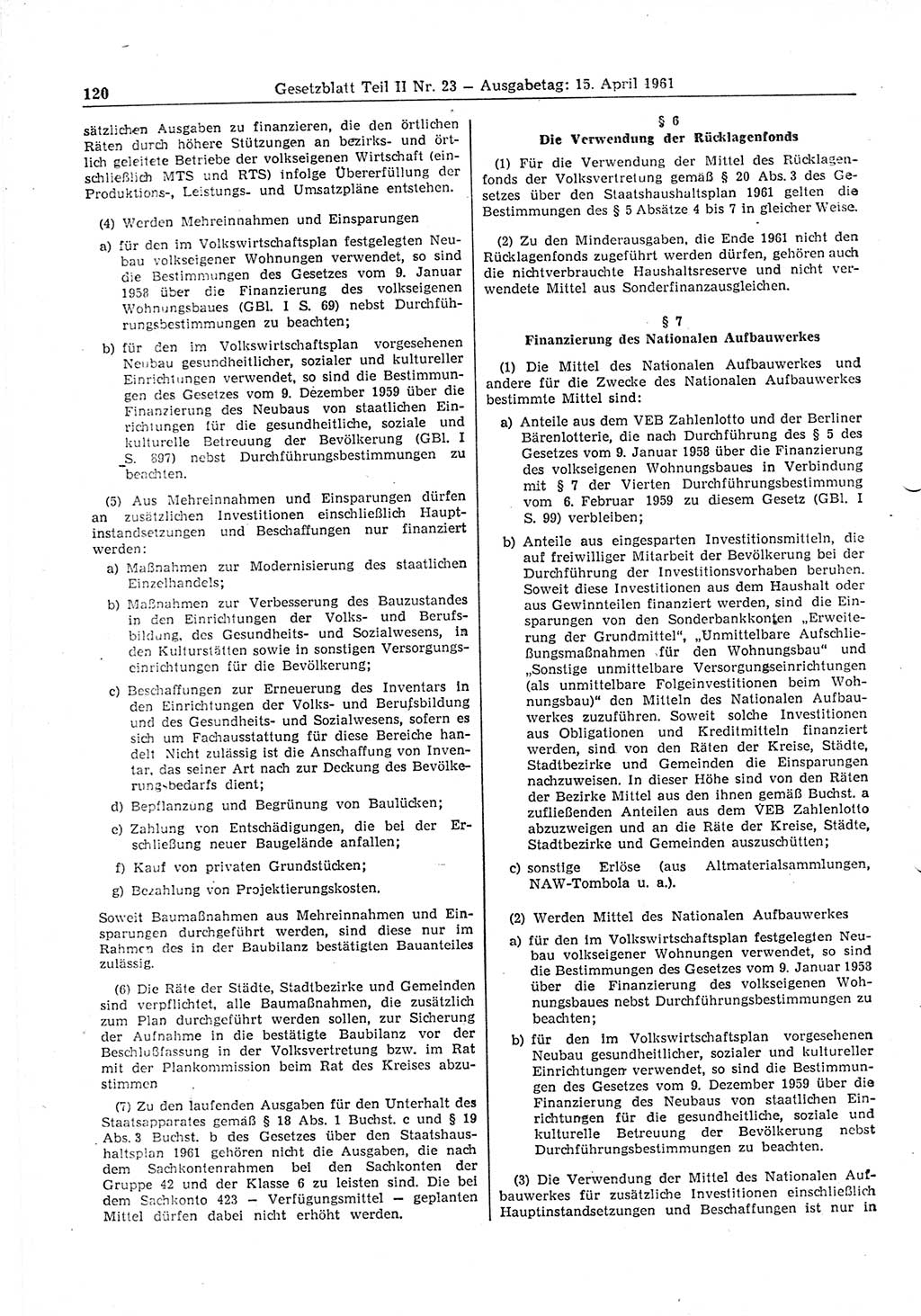 Gesetzblatt (GBl.) der Deutschen Demokratischen Republik (DDR) Teil ⅠⅠ 1961, Seite 120 (GBl. DDR ⅠⅠ 1961, S. 120)