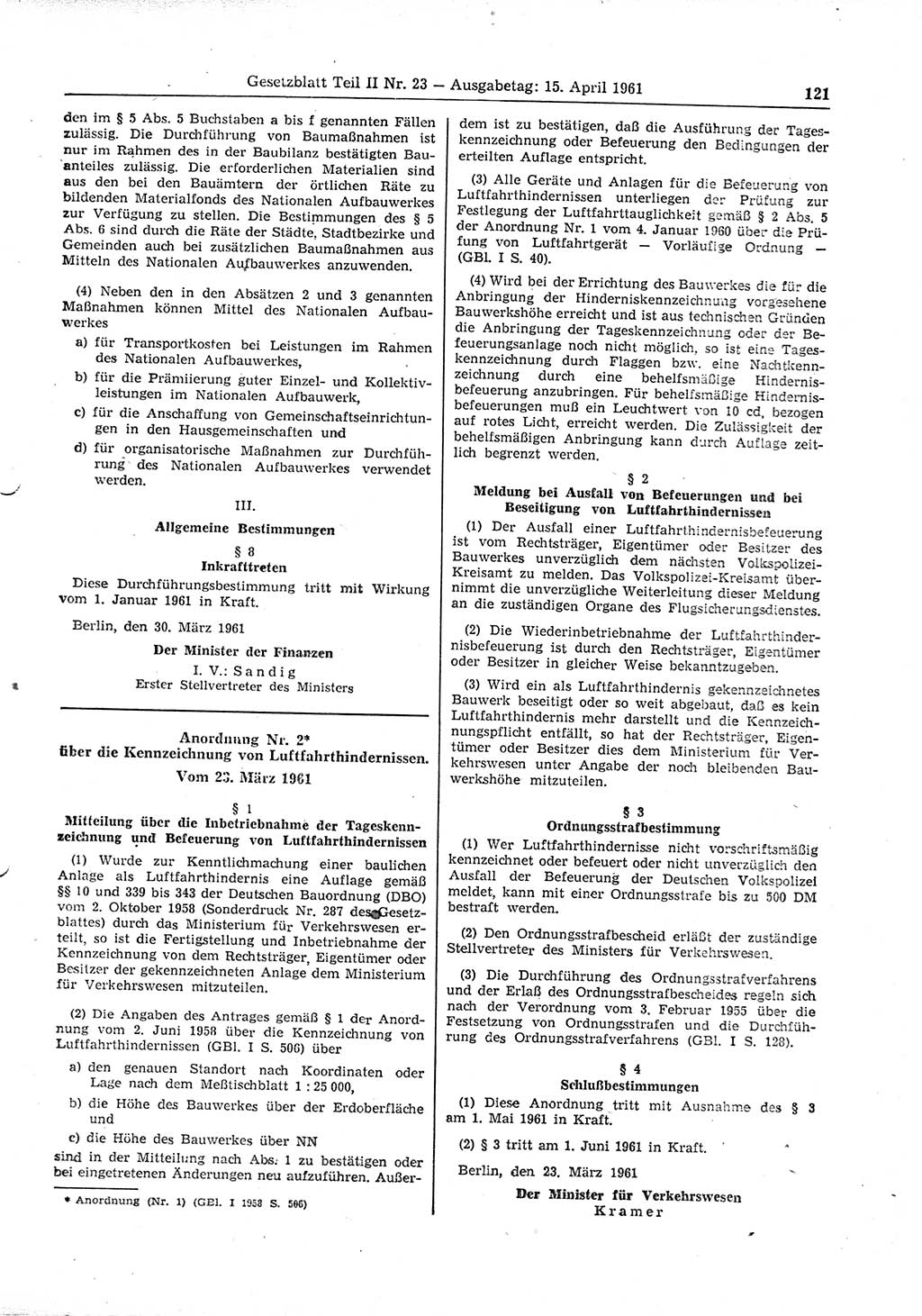 Gesetzblatt (GBl.) der Deutschen Demokratischen Republik (DDR) Teil ⅠⅠ 1961, Seite 121 (GBl. DDR ⅠⅠ 1961, S. 121)