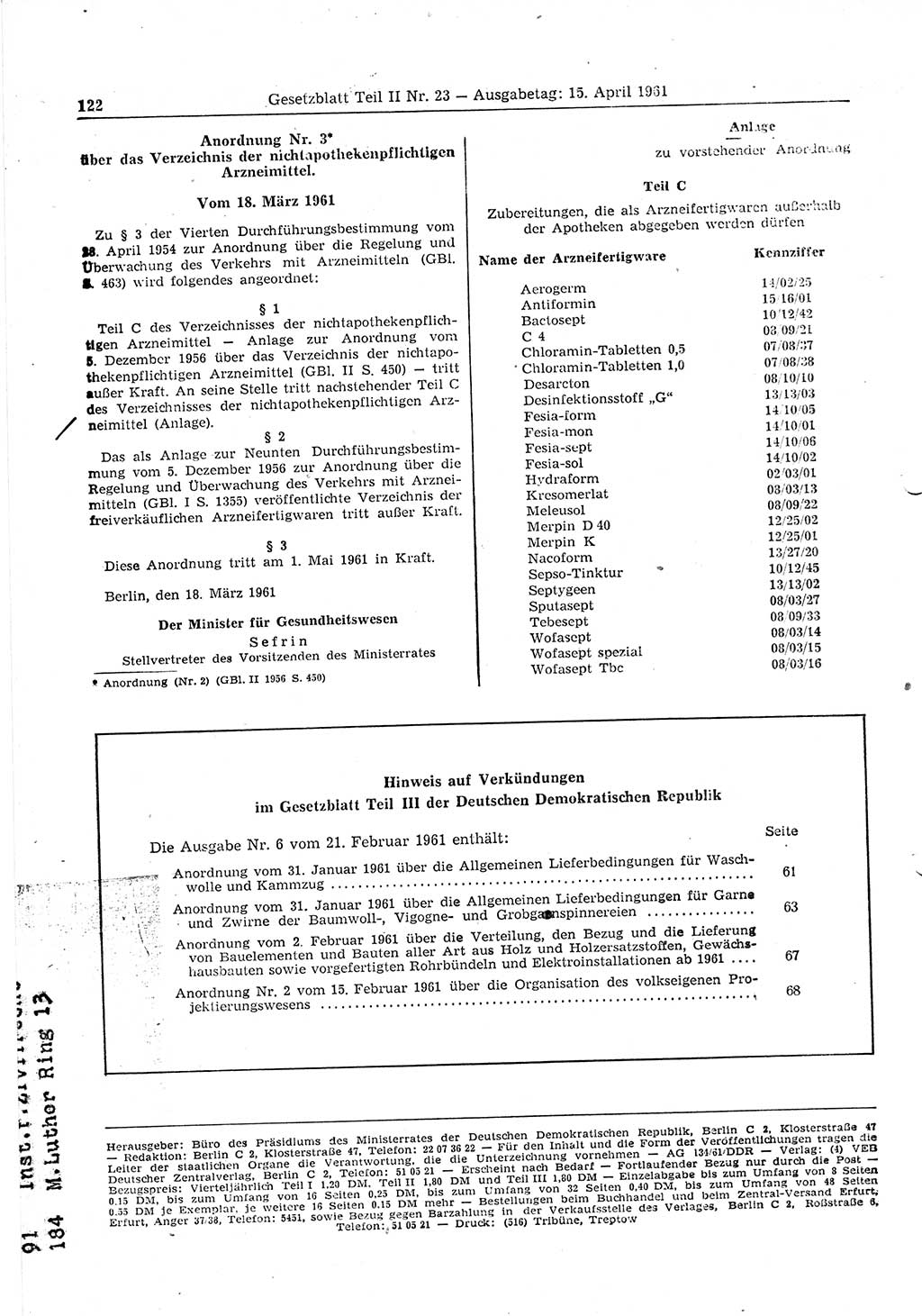 Gesetzblatt (GBl.) der Deutschen Demokratischen Republik (DDR) Teil ⅠⅠ 1961, Seite 122 (GBl. DDR ⅠⅠ 1961, S. 122)