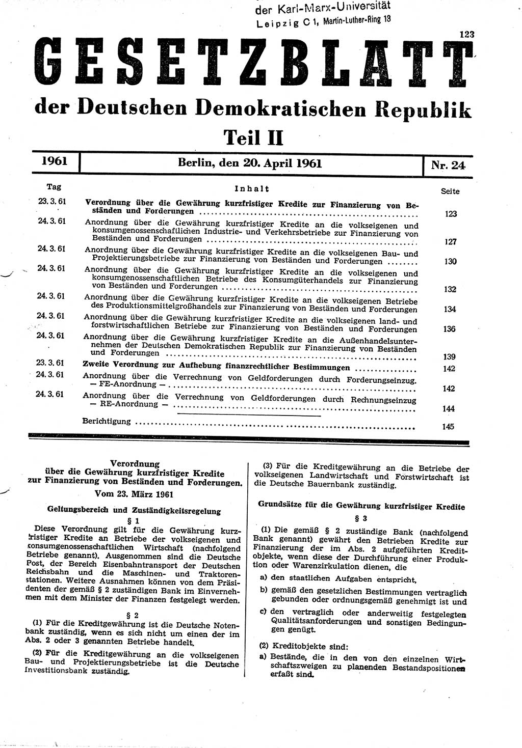 Gesetzblatt (GBl.) der Deutschen Demokratischen Republik (DDR) Teil ⅠⅠ 1961, Seite 123 (GBl. DDR ⅠⅠ 1961, S. 123)