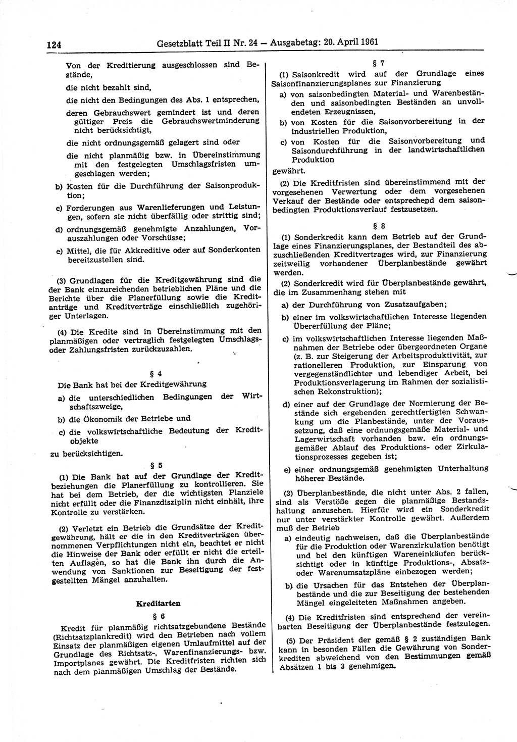 Gesetzblatt (GBl.) der Deutschen Demokratischen Republik (DDR) Teil ⅠⅠ 1961, Seite 124 (GBl. DDR ⅠⅠ 1961, S. 124)