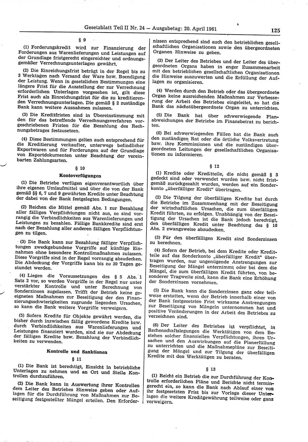 Gesetzblatt (GBl.) der Deutschen Demokratischen Republik (DDR) Teil ⅠⅠ 1961, Seite 125 (GBl. DDR ⅠⅠ 1961, S. 125)