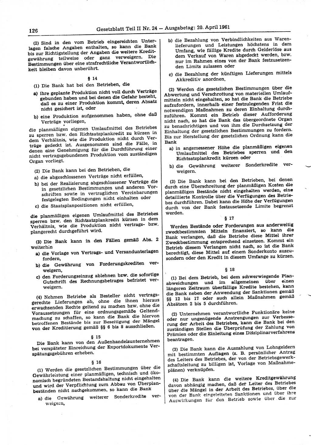 Gesetzblatt (GBl.) der Deutschen Demokratischen Republik (DDR) Teil ⅠⅠ 1961, Seite 126 (GBl. DDR ⅠⅠ 1961, S. 126)