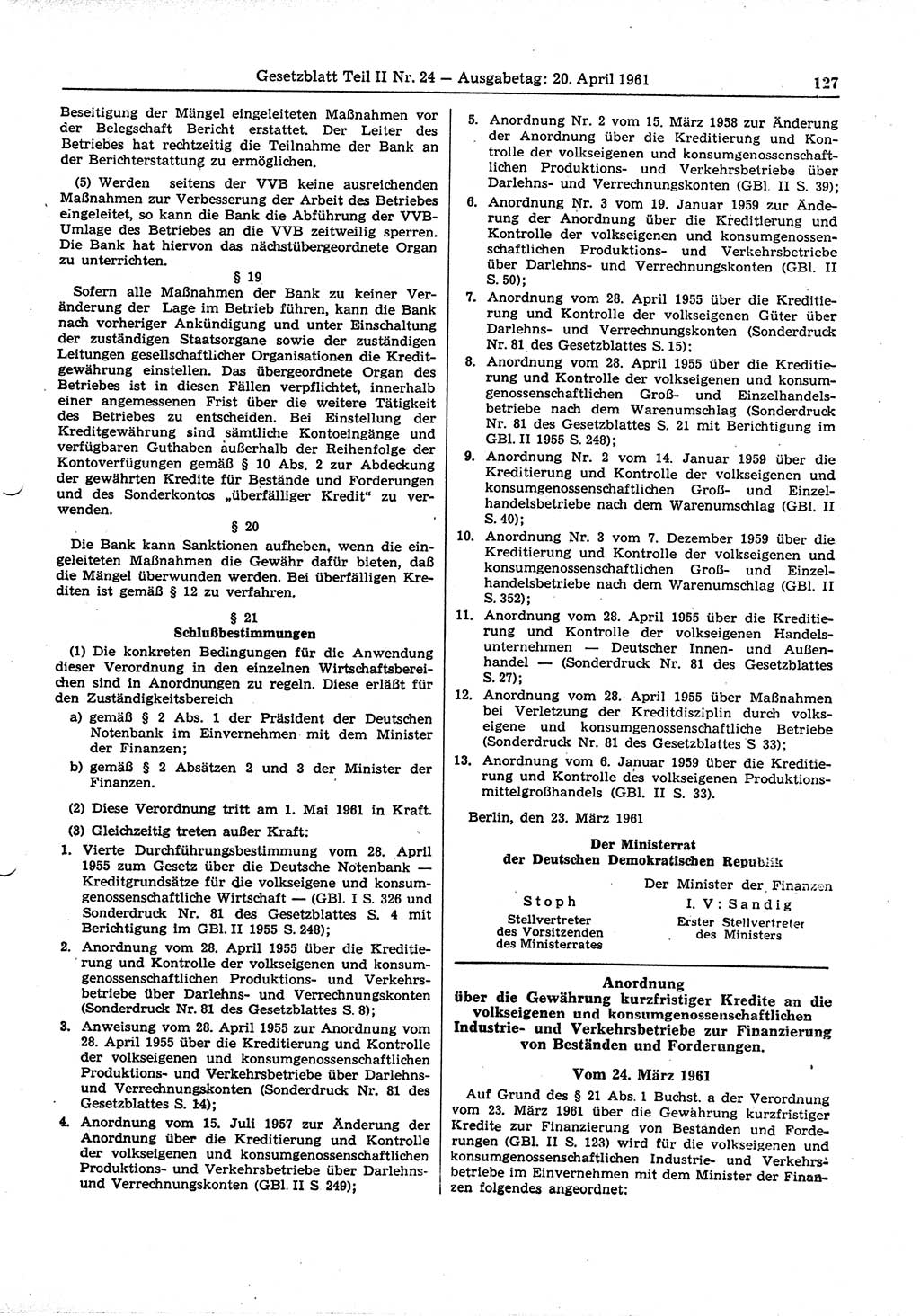 Gesetzblatt (GBl.) der Deutschen Demokratischen Republik (DDR) Teil ⅠⅠ 1961, Seite 127 (GBl. DDR ⅠⅠ 1961, S. 127)