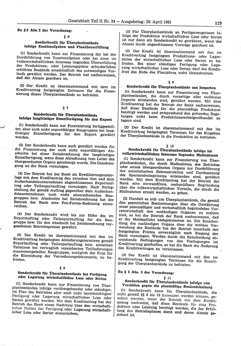 Gesetzblatt (GBl.) der Deutschen Demokratischen Republik (DDR) Teil ⅠⅠ 1961, Seite 129 (GBl. DDR ⅠⅠ 1961, S. 129)