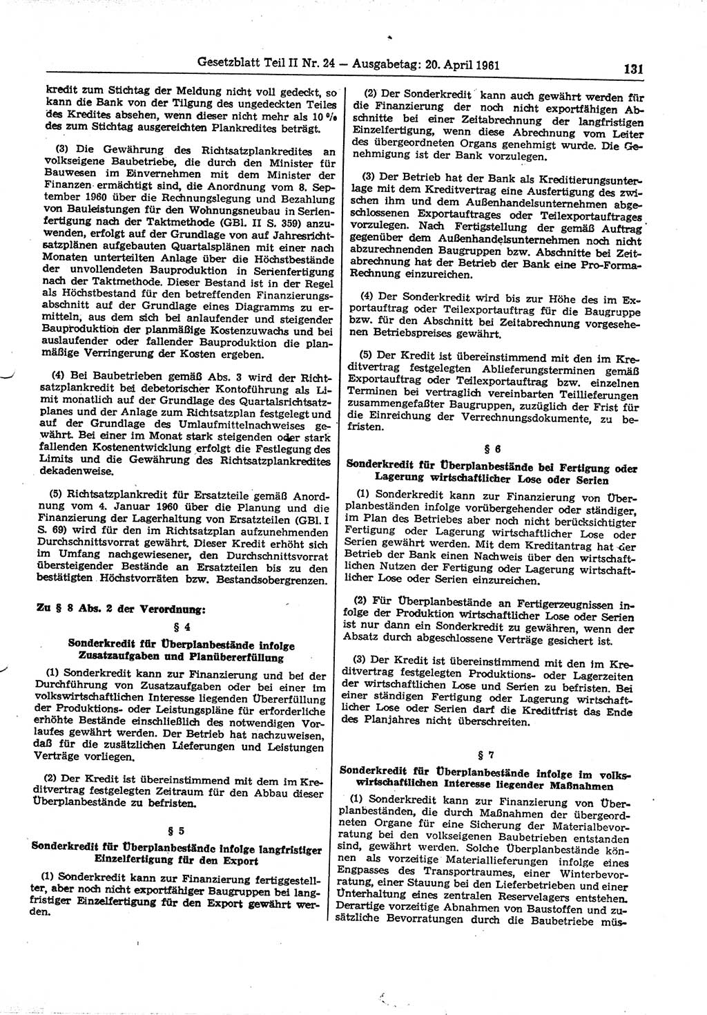 Gesetzblatt (GBl.) der Deutschen Demokratischen Republik (DDR) Teil ⅠⅠ 1961, Seite 131 (GBl. DDR ⅠⅠ 1961, S. 131)