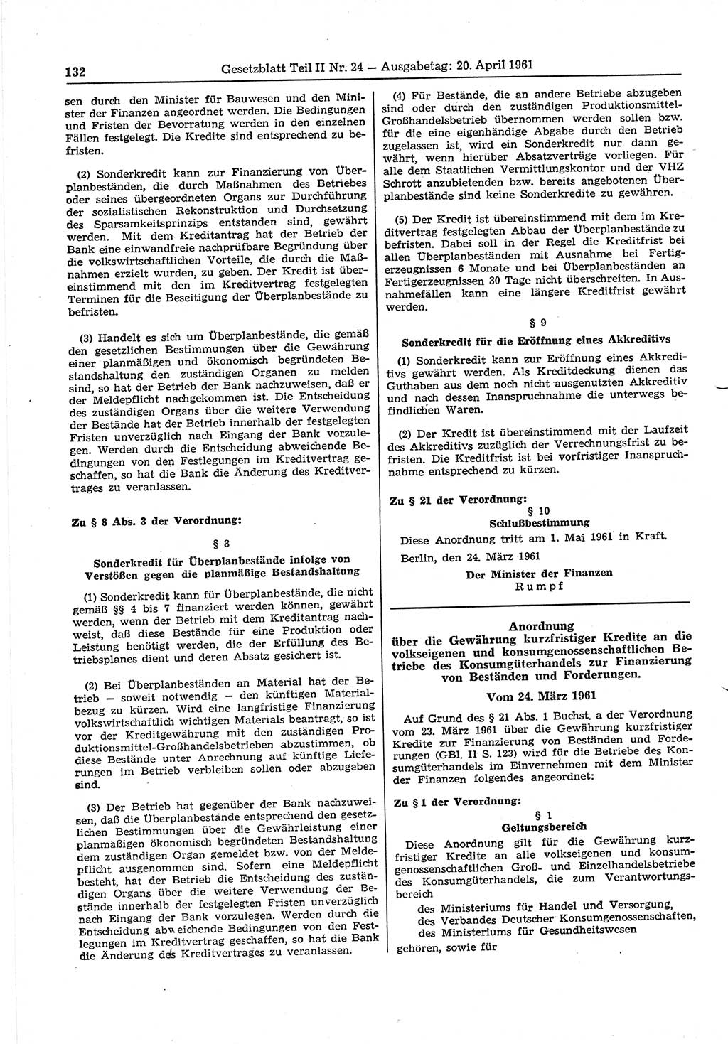 Gesetzblatt (GBl.) der Deutschen Demokratischen Republik (DDR) Teil ⅠⅠ 1961, Seite 132 (GBl. DDR ⅠⅠ 1961, S. 132)