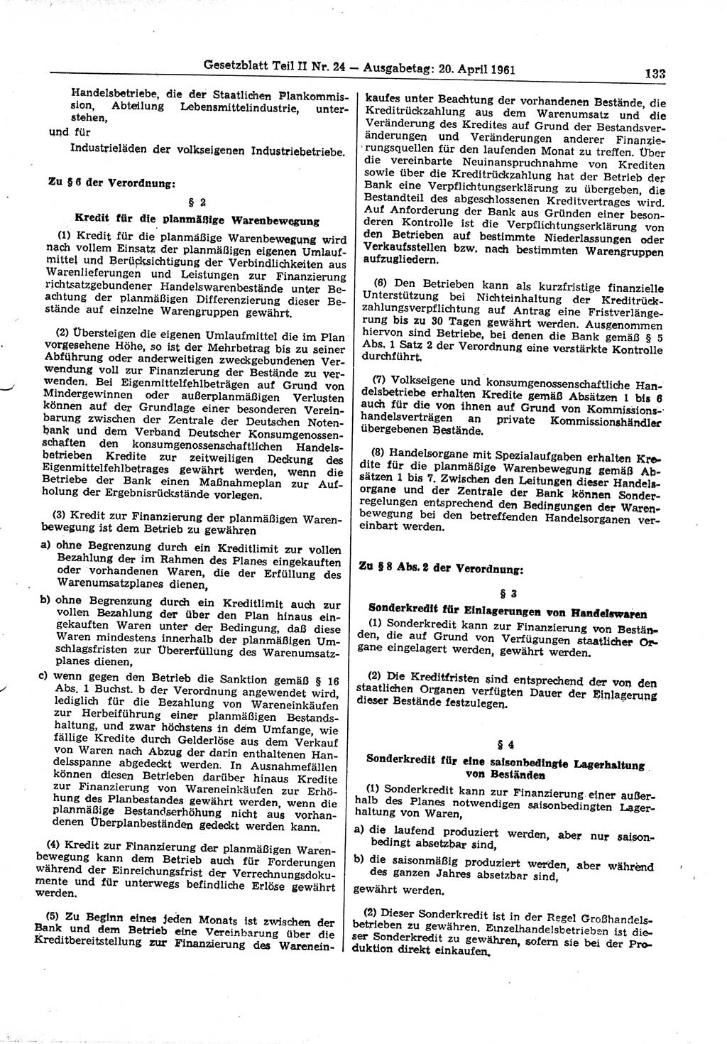 Gesetzblatt (GBl.) der Deutschen Demokratischen Republik (DDR) Teil ⅠⅠ 1961, Seite 133 (GBl. DDR ⅠⅠ 1961, S. 133)