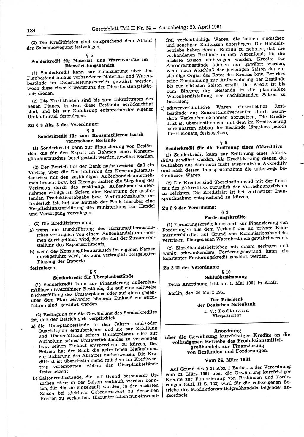 Gesetzblatt (GBl.) der Deutschen Demokratischen Republik (DDR) Teil ⅠⅠ 1961, Seite 134 (GBl. DDR ⅠⅠ 1961, S. 134)
