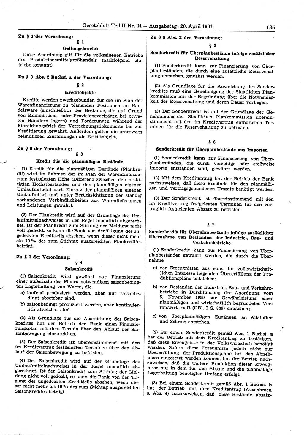 Gesetzblatt (GBl.) der Deutschen Demokratischen Republik (DDR) Teil ⅠⅠ 1961, Seite 135 (GBl. DDR ⅠⅠ 1961, S. 135)