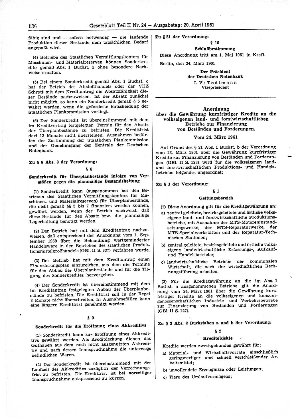 Gesetzblatt (GBl.) der Deutschen Demokratischen Republik (DDR) Teil ⅠⅠ 1961, Seite 136 (GBl. DDR ⅠⅠ 1961, S. 136)