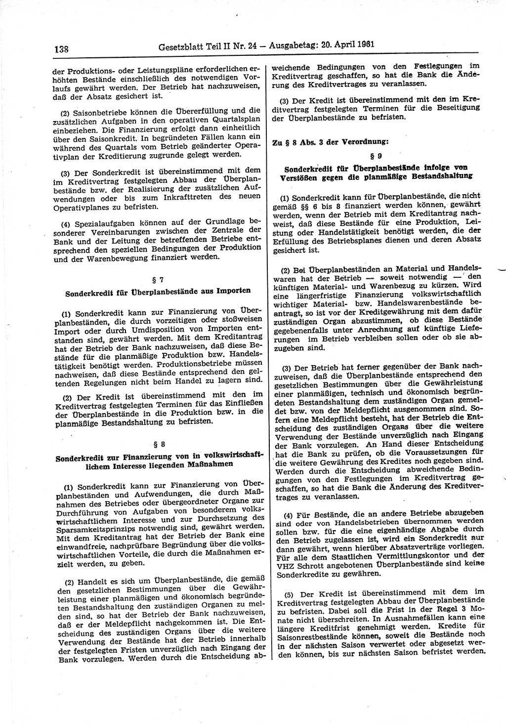 Gesetzblatt (GBl.) der Deutschen Demokratischen Republik (DDR) Teil ⅠⅠ 1961, Seite 138 (GBl. DDR ⅠⅠ 1961, S. 138)