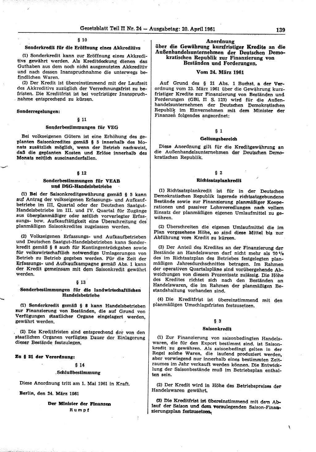 Gesetzblatt (GBl.) der Deutschen Demokratischen Republik (DDR) Teil ⅠⅠ 1961, Seite 139 (GBl. DDR ⅠⅠ 1961, S. 139)