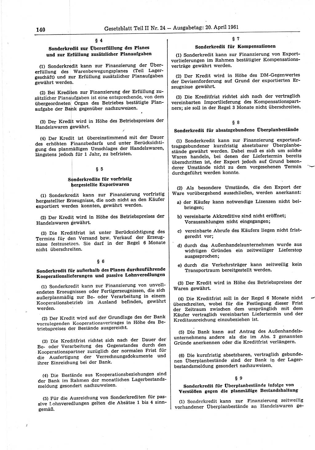 Gesetzblatt (GBl.) der Deutschen Demokratischen Republik (DDR) Teil ⅠⅠ 1961, Seite 140 (GBl. DDR ⅠⅠ 1961, S. 140)