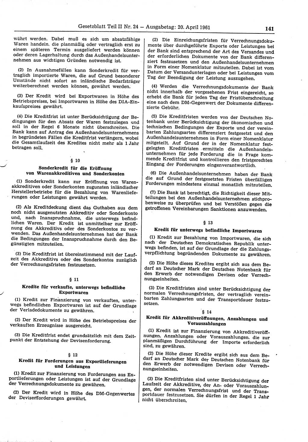 Gesetzblatt (GBl.) der Deutschen Demokratischen Republik (DDR) Teil ⅠⅠ 1961, Seite 141 (GBl. DDR ⅠⅠ 1961, S. 141)