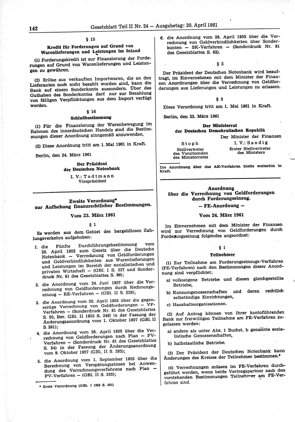 Gesetzblatt (GBl.) der Deutschen Demokratischen Republik (DDR) Teil ⅠⅠ 1961, Seite 142 (GBl. DDR ⅠⅠ 1961, S. 142)