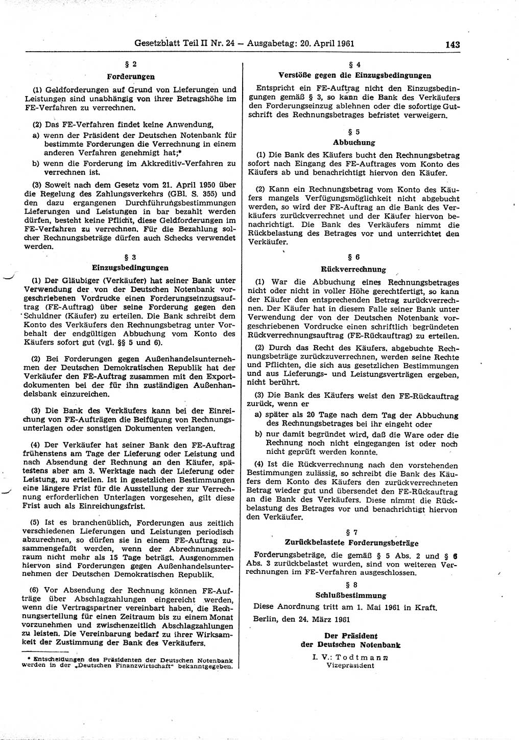 Gesetzblatt (GBl.) der Deutschen Demokratischen Republik (DDR) Teil ⅠⅠ 1961, Seite 143 (GBl. DDR ⅠⅠ 1961, S. 143)