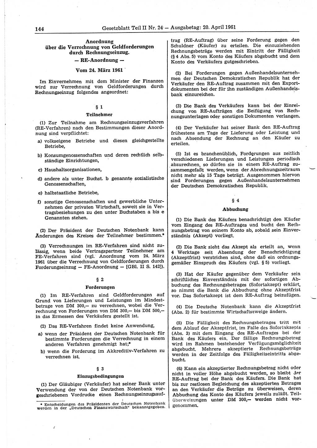 Gesetzblatt (GBl.) der Deutschen Demokratischen Republik (DDR) Teil ⅠⅠ 1961, Seite 144 (GBl. DDR ⅠⅠ 1961, S. 144)