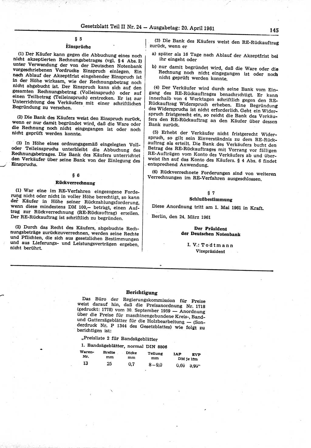 Gesetzblatt (GBl.) der Deutschen Demokratischen Republik (DDR) Teil ⅠⅠ 1961, Seite 145 (GBl. DDR ⅠⅠ 1961, S. 145)