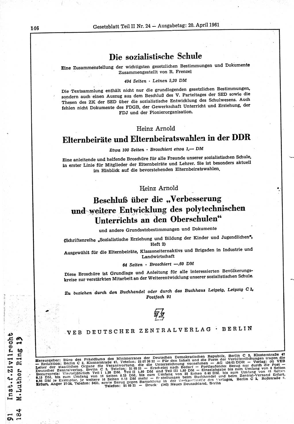 Gesetzblatt (GBl.) der Deutschen Demokratischen Republik (DDR) Teil ⅠⅠ 1961, Seite 146 (GBl. DDR ⅠⅠ 1961, S. 146)