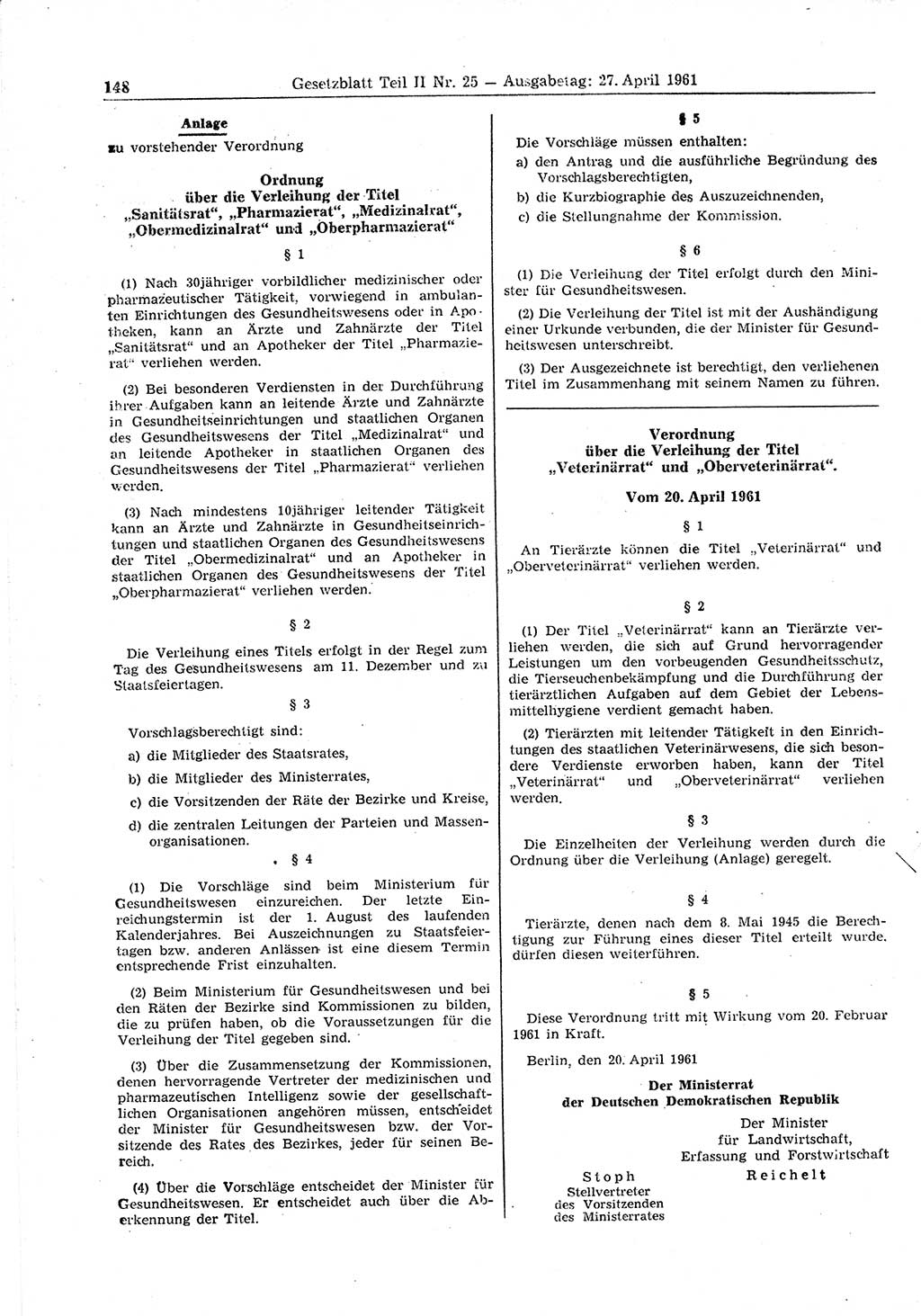Gesetzblatt (GBl.) der Deutschen Demokratischen Republik (DDR) Teil ⅠⅠ 1961, Seite 148 (GBl. DDR ⅠⅠ 1961, S. 148)