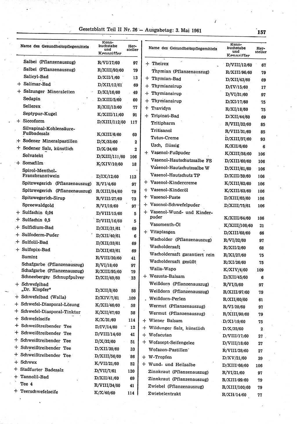 Gesetzblatt (GBl.) der Deutschen Demokratischen Republik (DDR) Teil ⅠⅠ 1961, Seite 157 (GBl. DDR ⅠⅠ 1961, S. 157)
