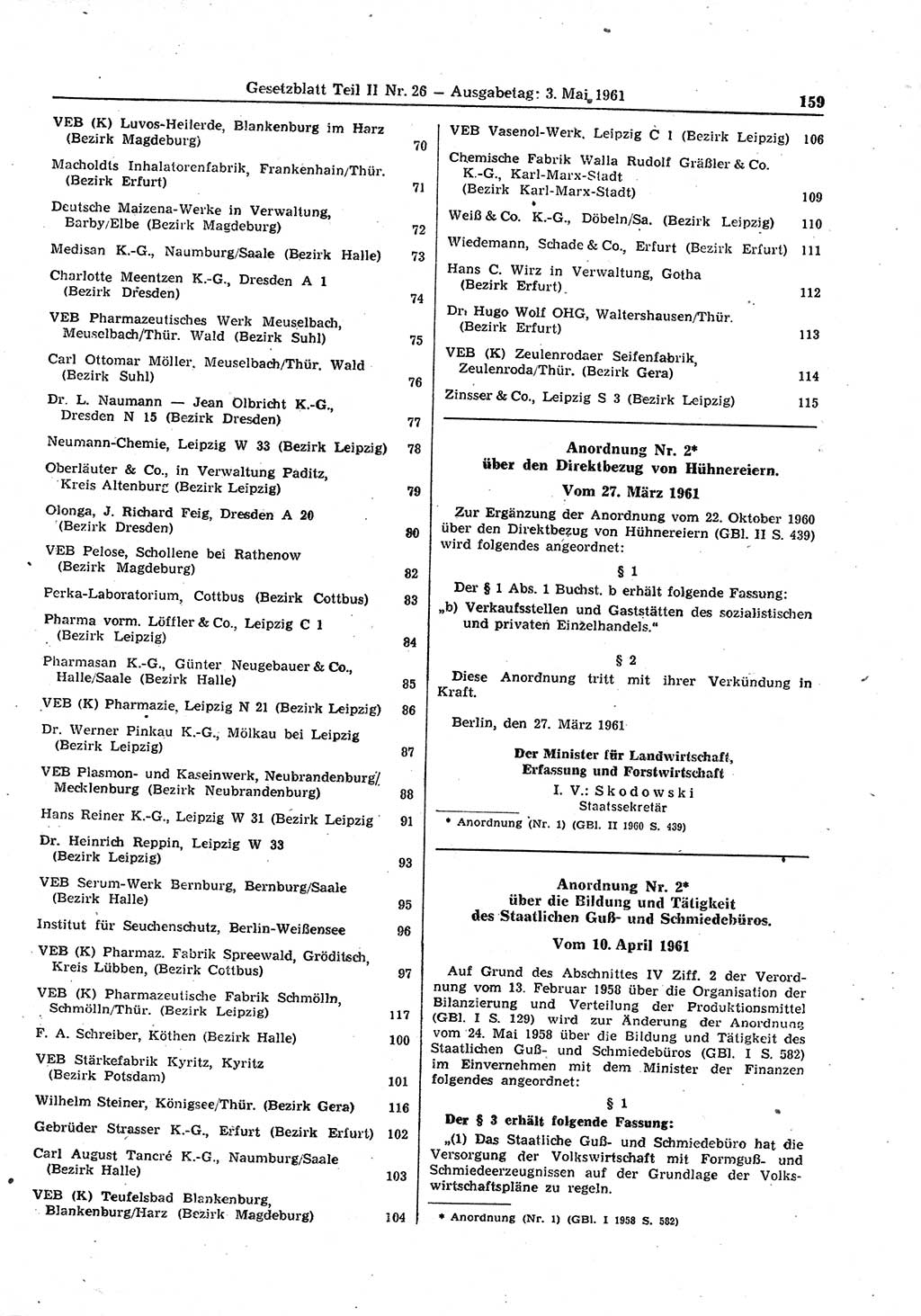 Gesetzblatt (GBl.) der Deutschen Demokratischen Republik (DDR) Teil ⅠⅠ 1961, Seite 159 (GBl. DDR ⅠⅠ 1961, S. 159)