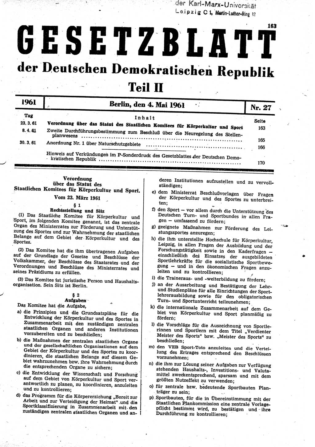 Gesetzblatt (GBl.) der Deutschen Demokratischen Republik (DDR) Teil ⅠⅠ 1961, Seite 163 (GBl. DDR ⅠⅠ 1961, S. 163)