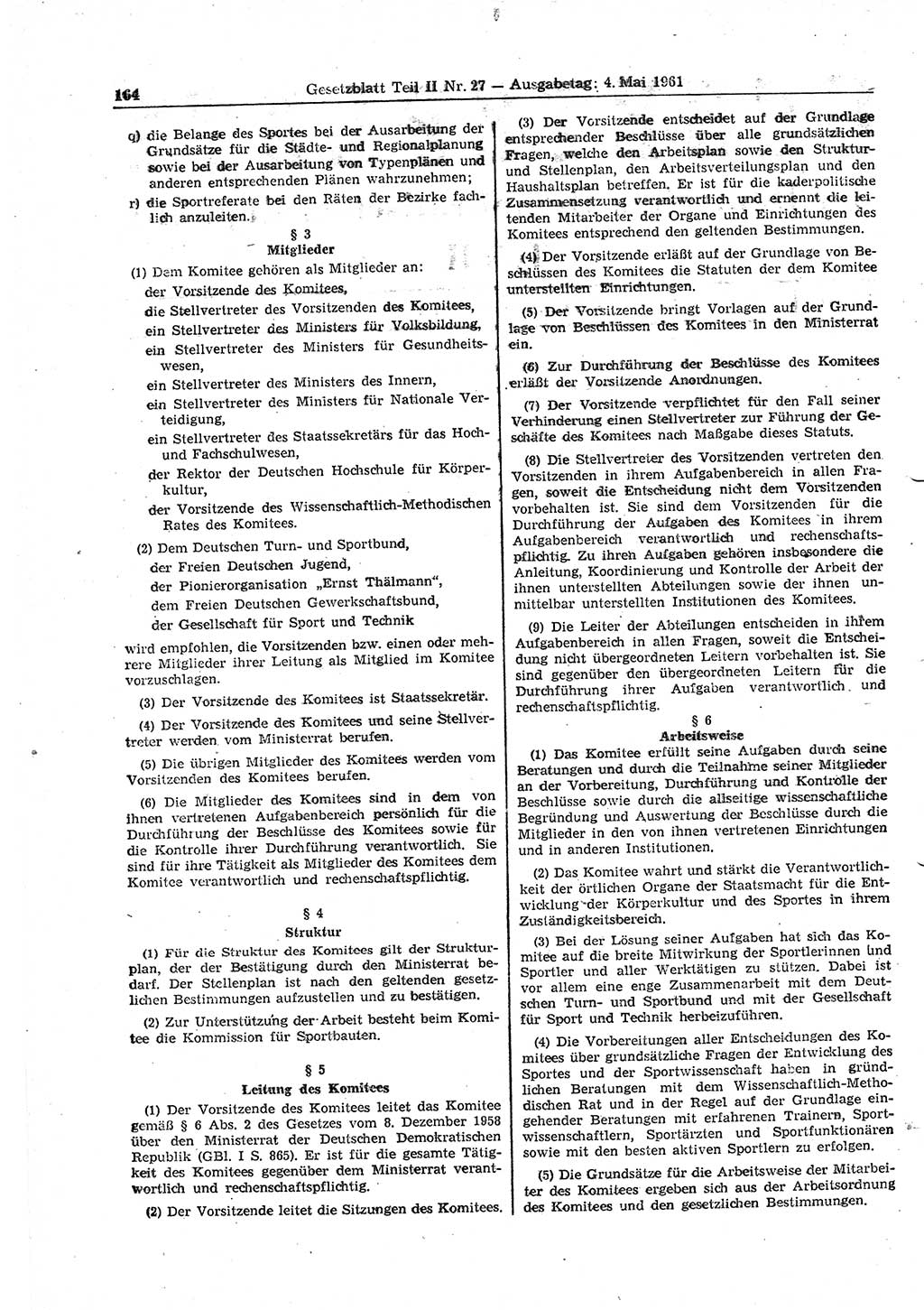 Gesetzblatt (GBl.) der Deutschen Demokratischen Republik (DDR) Teil ⅠⅠ 1961, Seite 164 (GBl. DDR ⅠⅠ 1961, S. 164)