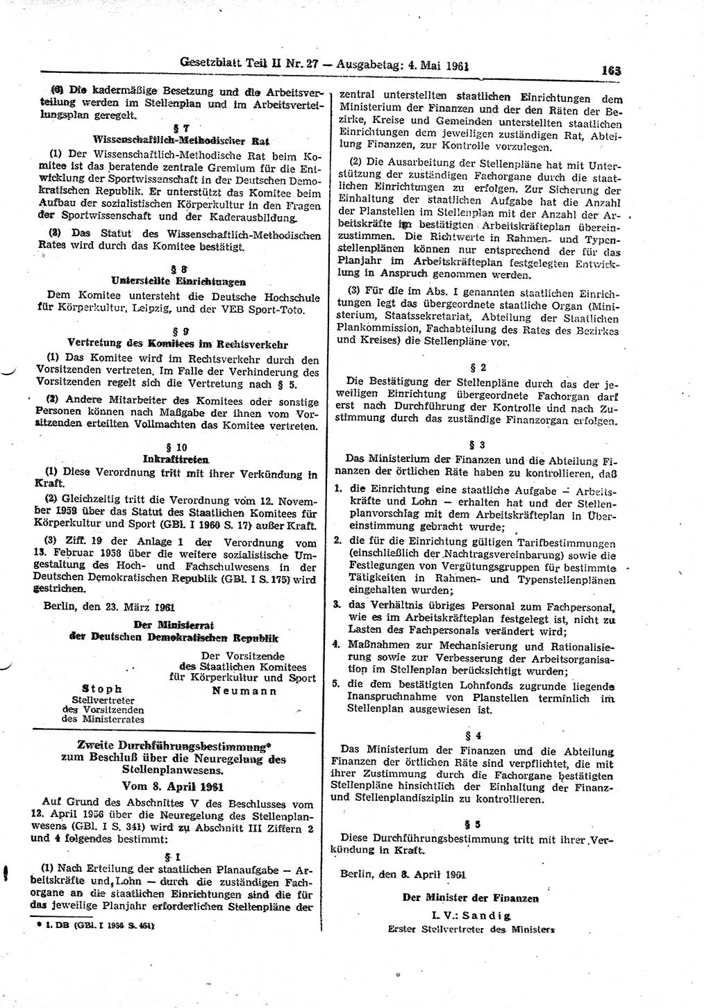 Gesetzblatt (GBl.) der Deutschen Demokratischen Republik (DDR) Teil ⅠⅠ 1961, Seite 165 (GBl. DDR ⅠⅠ 1961, S. 165)