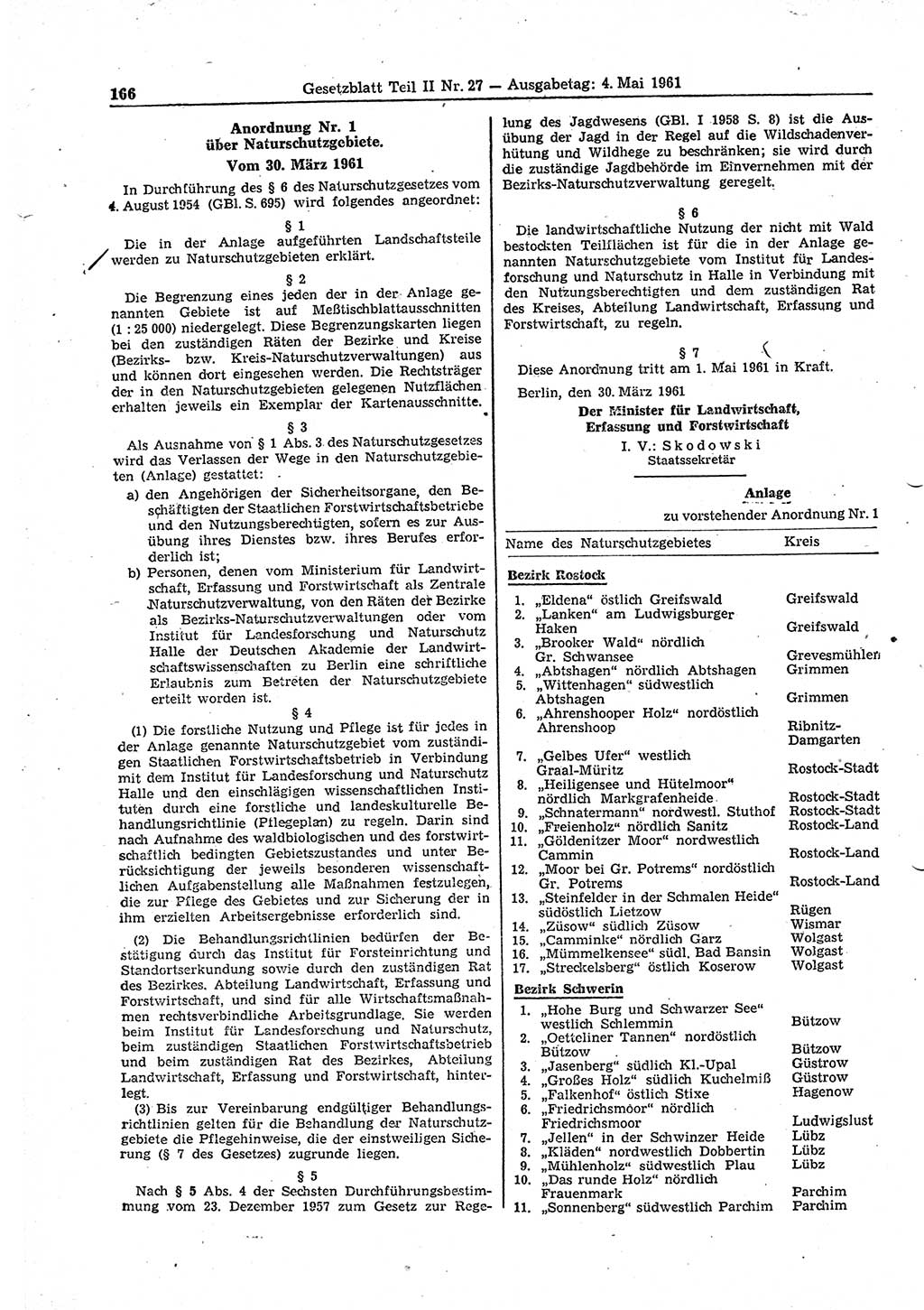 Gesetzblatt (GBl.) der Deutschen Demokratischen Republik (DDR) Teil ⅠⅠ 1961, Seite 166 (GBl. DDR ⅠⅠ 1961, S. 166)