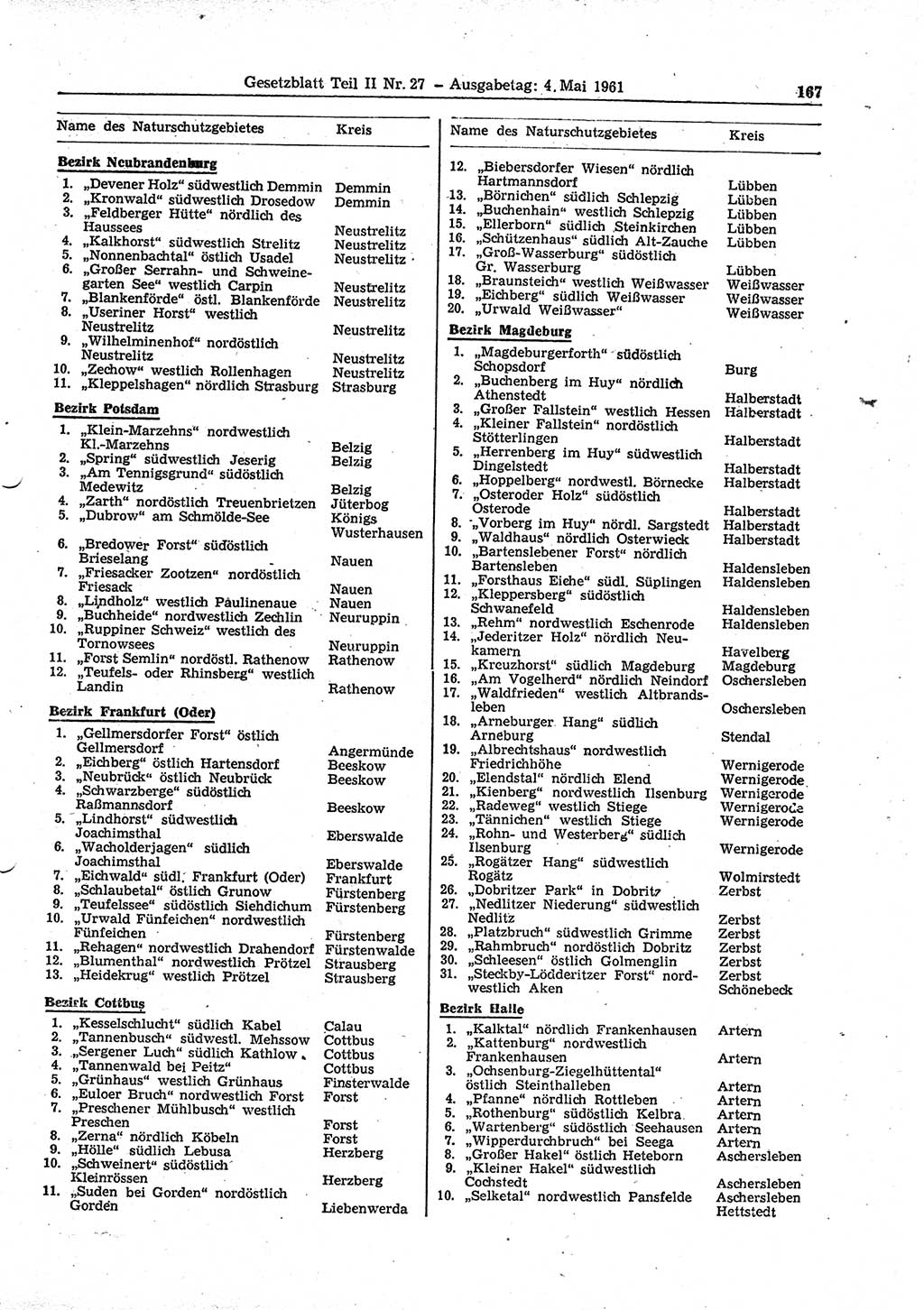 Gesetzblatt (GBl.) der Deutschen Demokratischen Republik (DDR) Teil ⅠⅠ 1961, Seite 167 (GBl. DDR ⅠⅠ 1961, S. 167)