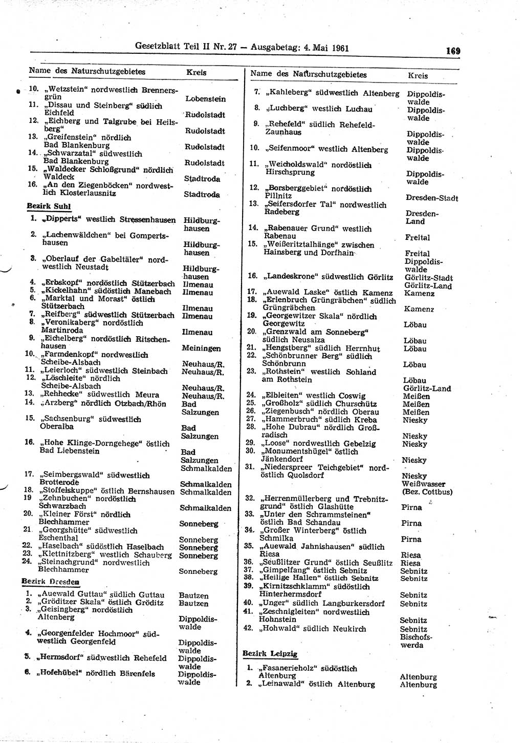 Gesetzblatt (GBl.) der Deutschen Demokratischen Republik (DDR) Teil ⅠⅠ 1961, Seite 169 (GBl. DDR ⅠⅠ 1961, S. 169)
